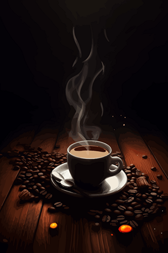 vector art, steaming coffee, coffee beans, dark table,
