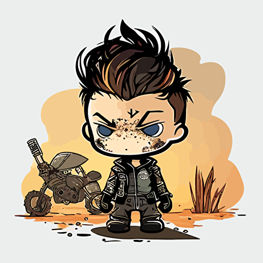 Cute post apocalyptic boy, mad max, wasteland background, chibi style, vector art, sticker