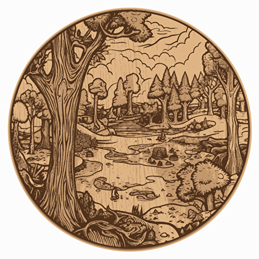 a wood burned wooden coaster representing the fangorn forest from lord of the rings, trees surrounding perimeter, thick trees on the sides, flat, cartoon style, circle, vector, single color, dense foilage, old trees, visible horizon, with a border