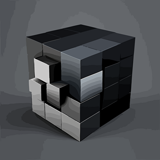 simple logo, minimalist, 9 cube vectorized, gray and black colors on the exterior print layer , delicacy, interlayer of small colored cubes inside, with different shades, black background