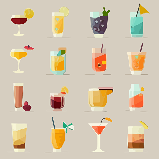 Vector art pack of delicious drinks, simple, modern, flat colors, flat, vector art pack, organized in a grid, clean white background.