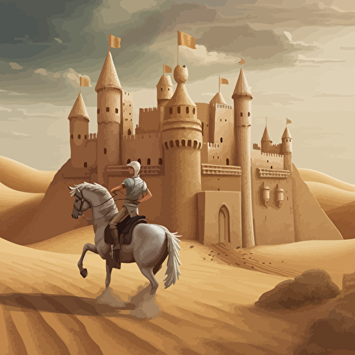 A knight made of sand, riding a tall horse, also made of sand, galloping on the desert. The wind blows and there are many sand particles around him. The background is a castle made of sand, with a square castle and a tall tower in the middle. There are small towers and walls on the left and right sides. Infinite region, in the style of surprise influence, ahmed morsi, precision influence, dynamic balance, vectorialism influence
