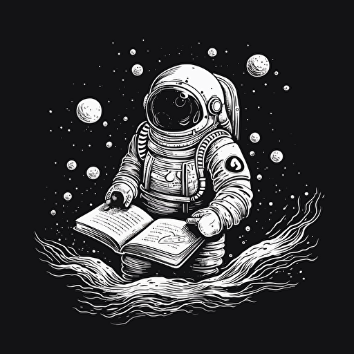 misterious astronaut floating, simple vector black and white, mistery book illustration, minimalism, ghibli style
