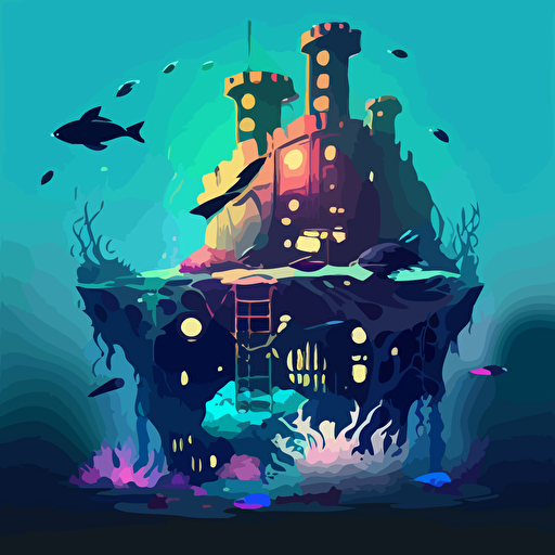 an underwater stronghold lost in a huge ocean, vector style, colorful