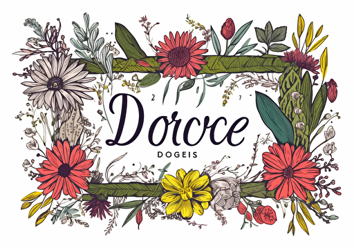 A white rectangle with a name surrounded by illustrated botanicals and flowers, wreath, vector flat, PNG, SVG, vector illustration
