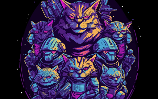 creative logo design of a group of anthromoporphic cats dressed in sci-fi cyberpunk NFT gear with space weapons and with spaceships and planets in detailed background, 2d, purple and blue colors, vector, mural art