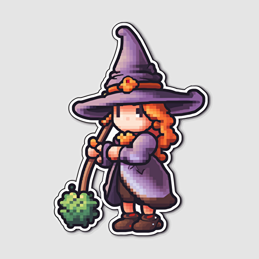 witchy, Sticker, Adorable, Sparkly Colors, Pixel Art, Contour, Vector, White Background, Detailed