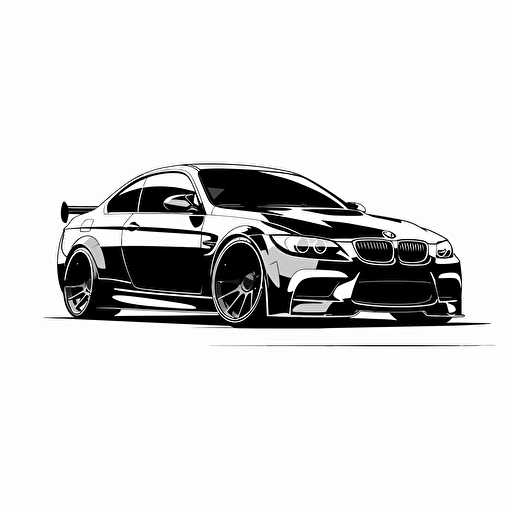 Black and white Flat vector 2D, a 2010 BMW coupe, lowered suspension, black and white, vector logo design logo
