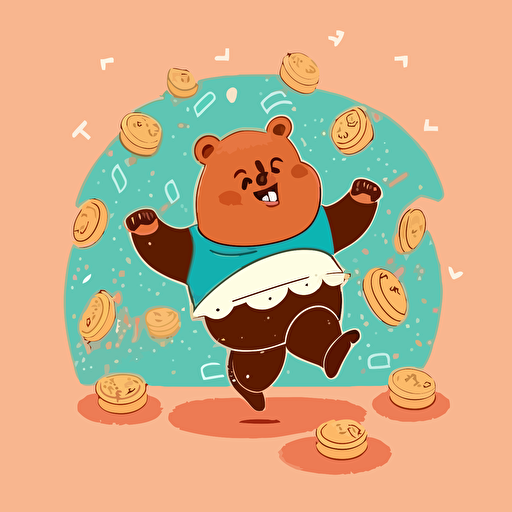 a vector image of a cute bear dancing and eating pastries with money floating around him