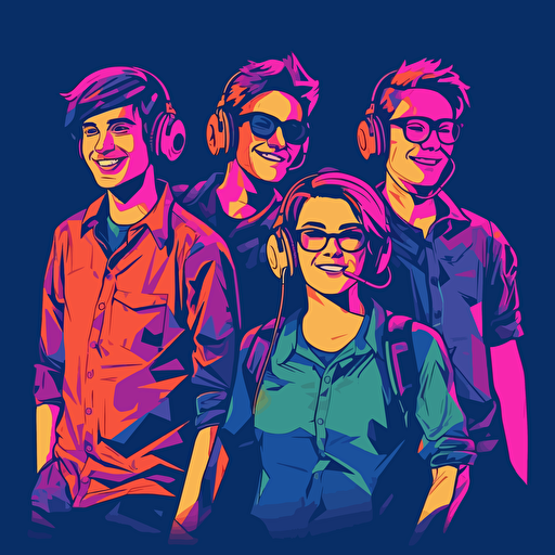 Group of Happy smiling software engineers. popart style, meme style, vector art, colors dark blue, orange and pink