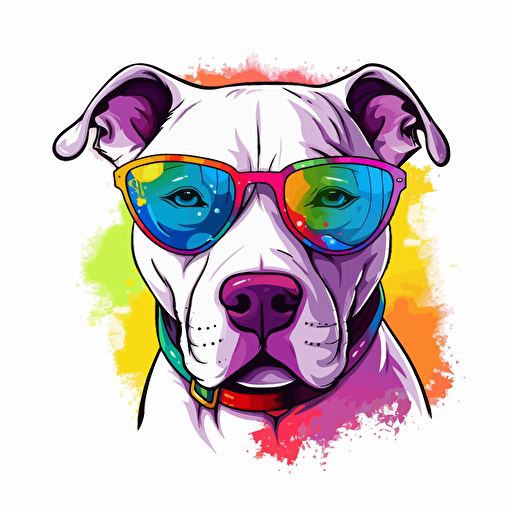 a white pit bull dog wearing sunglasses, as a cartoon type, as a vector, white background, bright graffiti colors