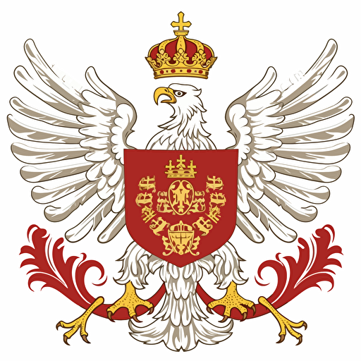 vector symbol of white eagle with golden crown without any additional elements under white tail and on the eagle's body, giant, winning, modern, placed on red shield, similar to coat of arms of Poland, about year 1790
