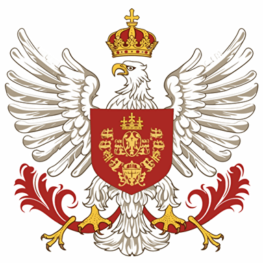 vector symbol of white eagle with golden crown without any additional elements under white tail and on the eagle's body, giant, winning, modern, placed on red shield, similar to coat of arms of Poland, about year 1790