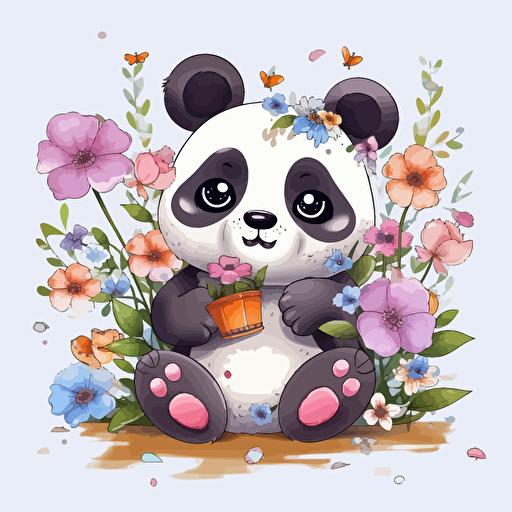 cute panda, flowers, detailed, cartoon style, 2d clipart vector, creative and imaginative, hd, white background