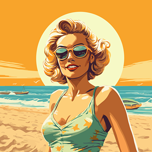 girl on the beach, pin-up style, vector style