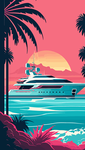 luxury motor yacht small in the background on see, waves, islands, palms, pink and light blue hues, flat abstract minimalistic vector style, vibrant neon colors, pink, light blue