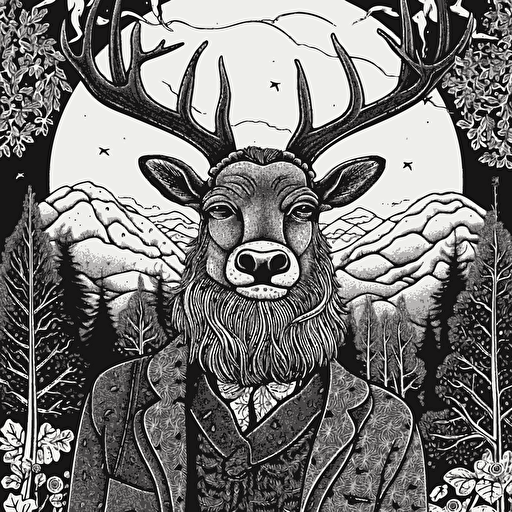 Elk drinking coffee dressed in hunting gear, black and white illustration, simple vector, white background ::woodcut style
