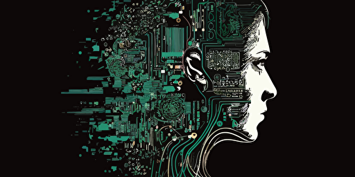 a circuit board in the shape of a human face on the right side of the image, artificial intelligence, high tech, flat vector style, simple