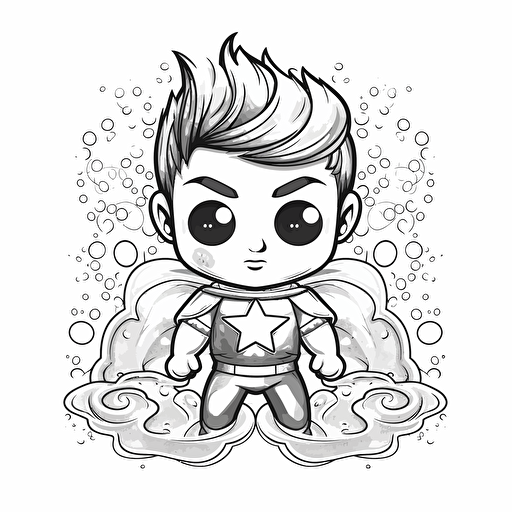 a water inspired kid superhero bust, kawaii, digital illustration, minimalism, concept art, vector draw, revenge, black and white, coloring page, outline only, powefull