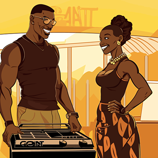 dojinshi manga style, black flirty couple, summer BBQ ,black busty lady wearing a bikini, black man extremly muscular, laughing, flirty, sexy, they stand confidently in front of a grill, iconic, Atlanta, Georgia, warm and earth tones, vector, high res, art directed by Art Paul