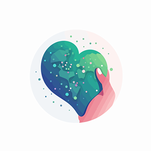 Abstract minimalistic gradient vector logo of a hand cupping a heart shaped earth, the earth is made of data points, blue, green and pink