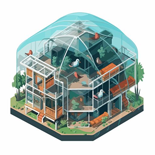 isometric cartoon vector image of a large broken aviary cage with no birds inside, transparent background