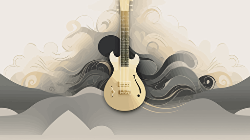 logo, minimalist, vectorized, abstract, gold, brass and grey colors, print layer , delicacy, elegant, magic, ethereal, rock guitar forming one big cloud ,