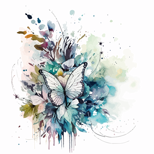 watercolor vector art. Pastel colors. Abstract. Flowers and plants. wings, butterflies, flowers, plants. Fantasy settings, dreamscapes. Majestic. Calming. White background.
