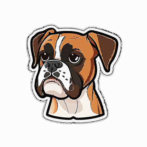 Cute, happy, boxer dog head sticker logo, chibi style, cartoon, clean, vector, 2d, white background, no accessories, without accessories, no text, without text