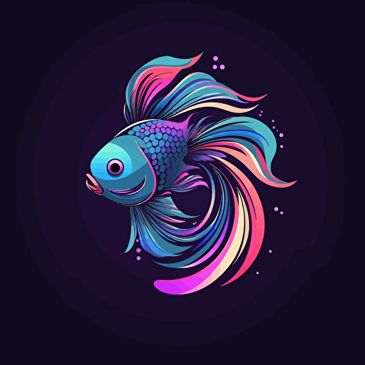 simple vector art logo, stylized design, colourful beta fish with focus on light violet, blue and black colors, shades of indigo colours, with shadows, pure black background