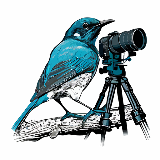 an apus apus taking photos with a DSLR on a tripod, vector image, simple, three color, blue, black, white