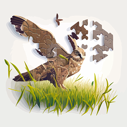 a vector image of an owl flying above a hare in the grass. Logo design. Made of jigsaw pieces