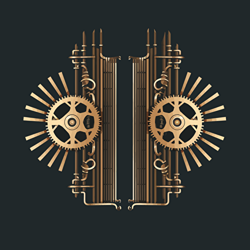 create a symmetrical logo of a gear coming out of two open large gates, minimal, vector