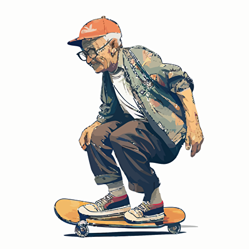 elderly Asian man on a skateboard, wearing trendy skater clothes, vector art