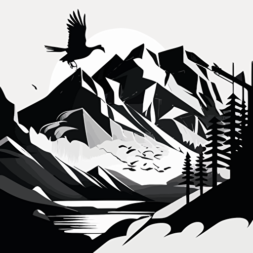 an abstract 2d black and white vector drawing with no details including a stork and the mountains of serfaus in the alps