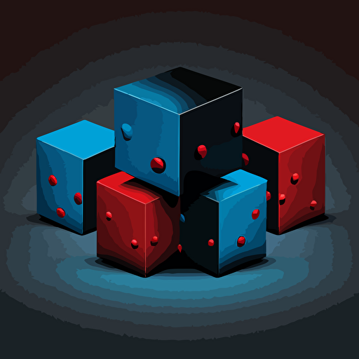 minimalist, vectorized, blue and black colors, print layer , delicacy, 5 small cubes on a straight line each with different shades of red, black background