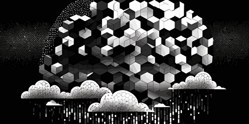 minimalist, vectorized, white and black colors, print layer , delicacy, elegant, polygon cloud and cubes, dark background