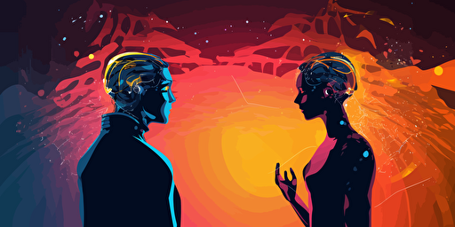 man and humanoid robot having friendly chat, vector art