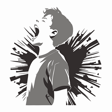 1 boy, Rousing, Victory, gray color, white background, simple design, vector style, white outline over silhouette1 boy, Rousing, Victory, gray color, white background, simple design, vector style, white outline over silhouette