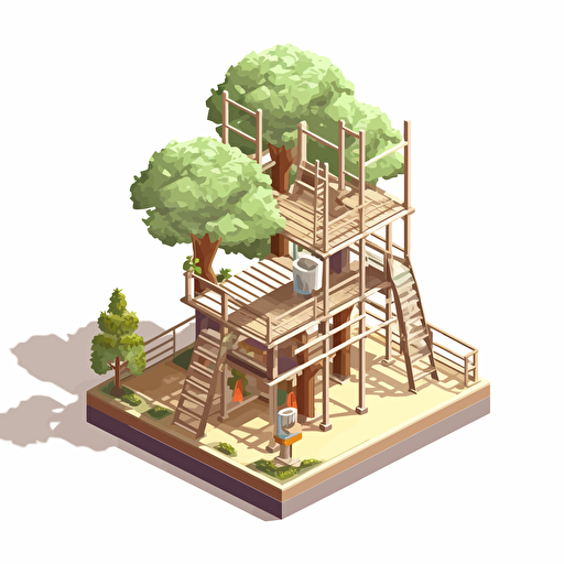 isometric cartoon vector style image of ia small tree with scaffolding platforms around it, transparent background