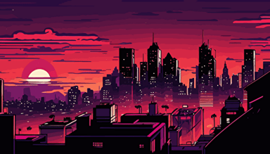 city skyline, close up view, on top of city rooftops, animated video background , 2d comic style art, wide roof tops in the foreground close to each other in distance, vector, red and purple hue night sky,