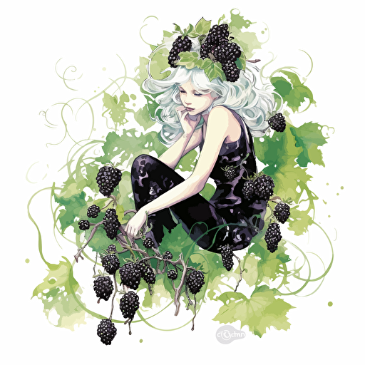 vector image with white background, blackberry vines, fae, magical, sparkles