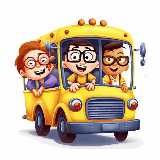 pixar style illustrative vector cartoon of kids with Down Syndrom riding a short yellow school bus. white background. 3/4 view