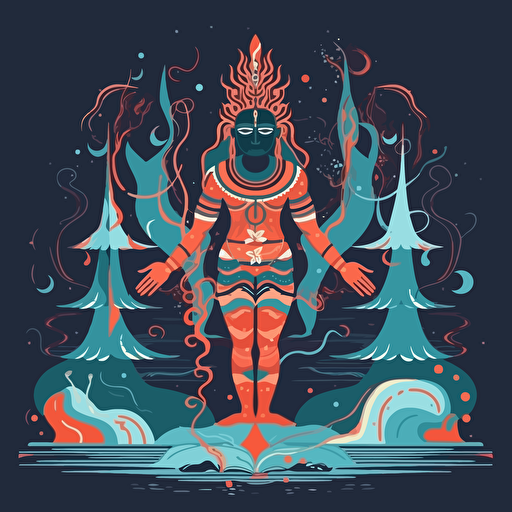 Simplified flat art vector image of esoteric mantra shiva with a figure in colorful costumes stands above the water, in the style of textured and layered abstract forms, geometric surrealism, on dark background