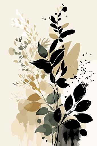 Simple beige and black abstract watercolour botanical illustration, vector