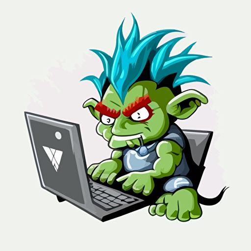 troll using a computer, vector logo, vector art, emblem, simple cartoon, 2d, no text, white background