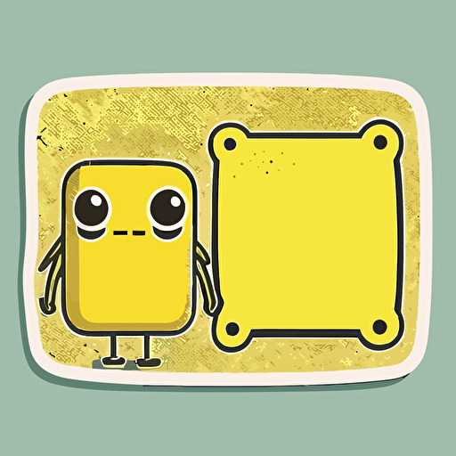 vector sticker design, transparent background, cute cartoon kawaii style, rectangle wide border with rounded edging yellow backdrop, small robot head in lower right hand corner