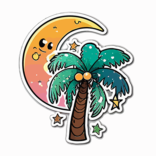 sticker, Happy Colorful palmetto tree underneath a cresent moon, kawaii, contour, vector, white background