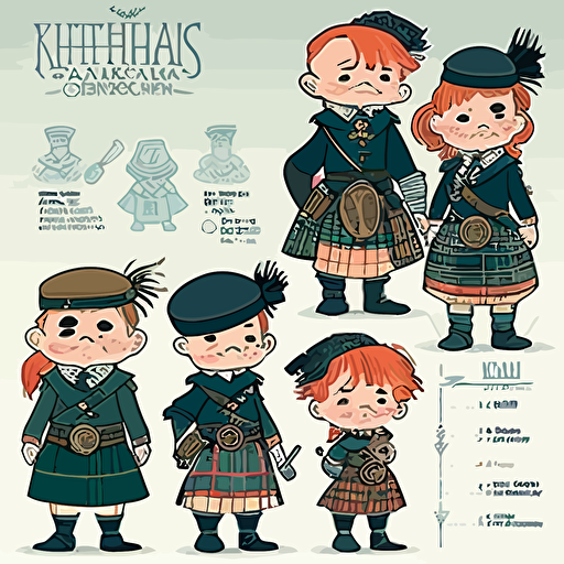 A reference sheet of vector Scottish Highlanders in traditional dress in a fun manga style