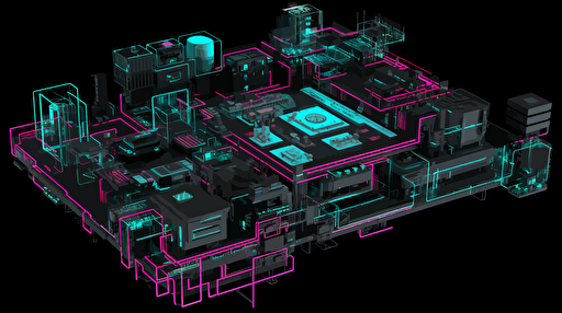 a conceptual design of what AI looks like, vectorized, wireframe, futuristic, vibrant colors, use blacks, pinks and cyan